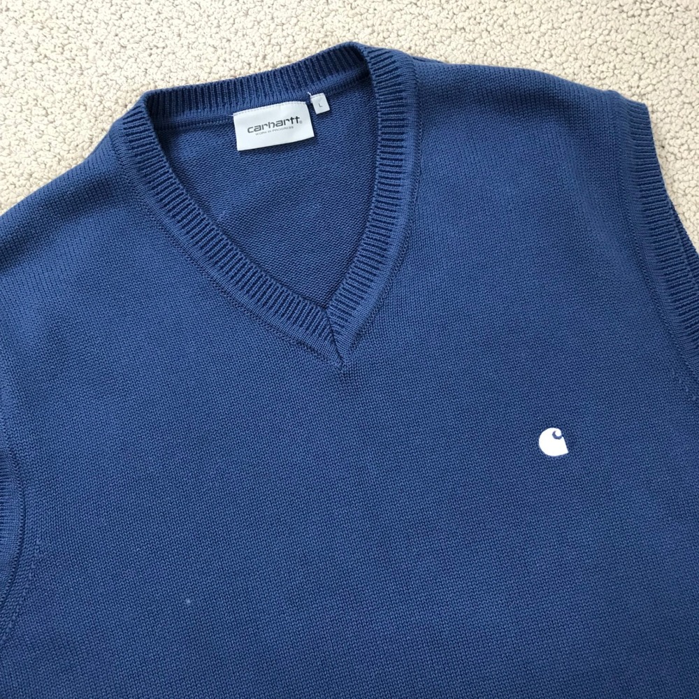Carhartt WIP Madison Vest Sweater Mens Large Blue V-Neck‎ Cotton Knit I033036